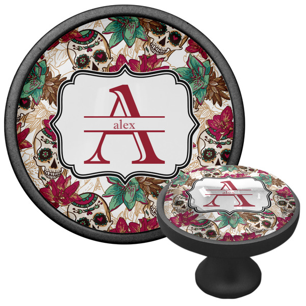 Sugar Skulls & Flowers Cabinet Knob - Black - Multi Angle