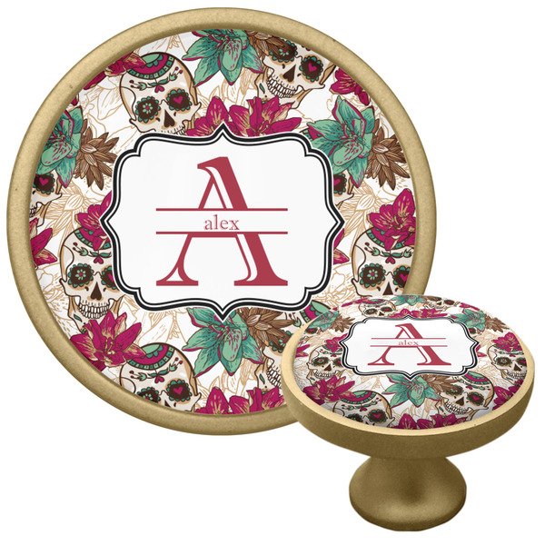 Custom Sugar Skulls & Flowers Cabinet Knob - Gold (Personalized)