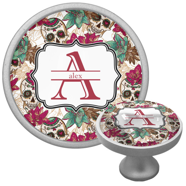 Custom Sugar Skulls & Flowers Cabinet Knob (Silver) (Personalized)