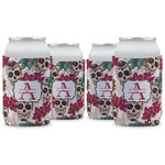 Sugar Skulls & Flowers Can Cooler (12 oz) - Set of 4 w/ Name and Initial