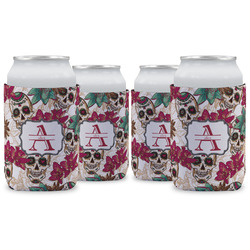 Sugar Skulls & Flowers Can Cooler (12 oz) - Set of 4 w/ Name and Initial