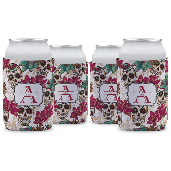 Custom Sugar Skulls & Flowers Can Cooler (12 oz) - Set of 4 w/ Name and Initial