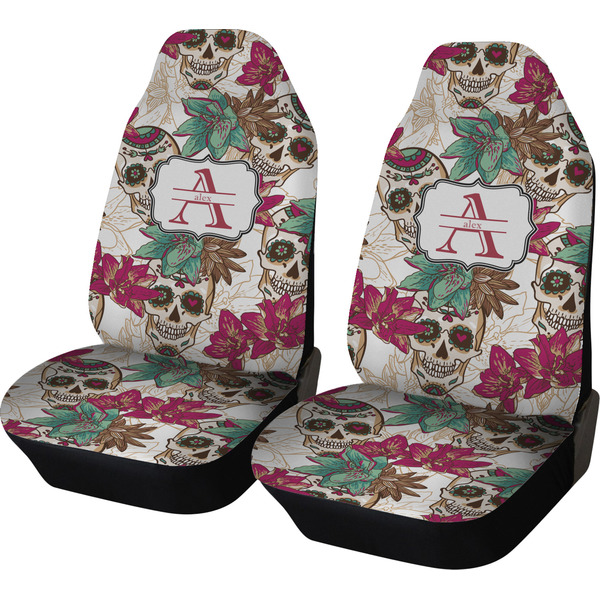 Custom Sugar Skulls & Flowers Car Seat Covers (Set of Two) (Personalized)