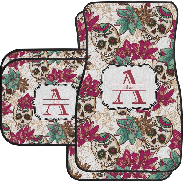 Custom Sugar Skulls & Flowers Car Floor Mats Set - 2 Front & 2 Back (Personalized)