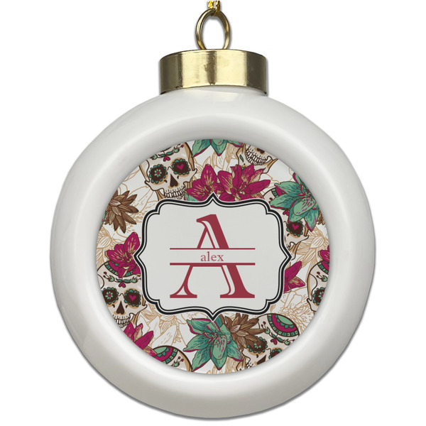 Custom Sugar Skulls & Flowers Ceramic Ball Ornament (Personalized)