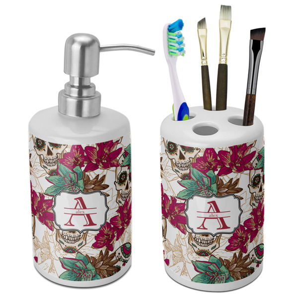 Custom Sugar Skulls & Flowers Ceramic Bathroom Accessories Set (Personalized)