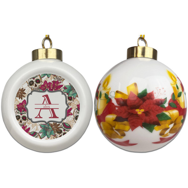 Sugar Skulls & Flowers Ceramic Christmas Ornament - Poinsettias (APPROVAL)