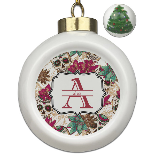 Custom Sugar Skulls & Flowers Ceramic Ball Ornament - Christmas Tree (Personalized)