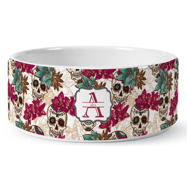 Sugar Skulls & Flowers Ceramic Dog Bowl - Medium - Front