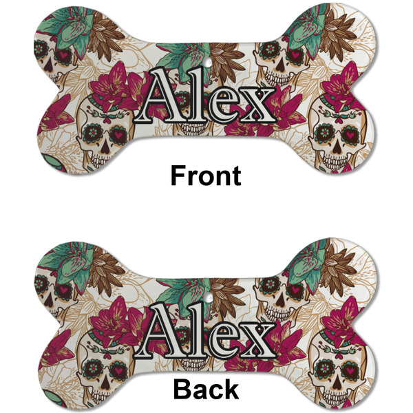 Sugar Skulls & Flowers Ceramic Flat Ornament - Bone Front & Back (APPROVAL)