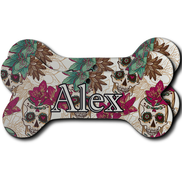Custom Sugar Skulls & Flowers Ceramic Dog Ornament - Front & Back w/ Name and Initial