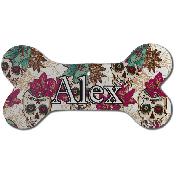 Sugar Skulls & Flowers Ceramic Flat Ornament - Bone Front