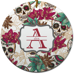 Sugar Skulls & Flowers Round Ceramic Ornament w/ Name and Initial