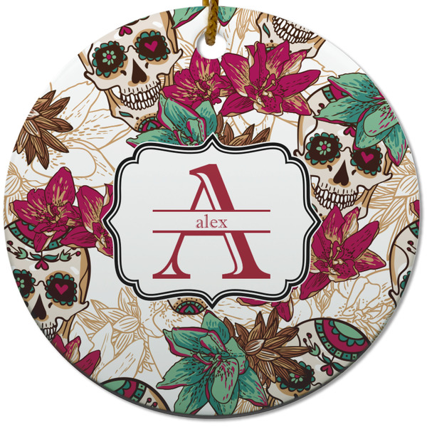 Custom Sugar Skulls & Flowers Round Ceramic Ornament w/ Name and Initial