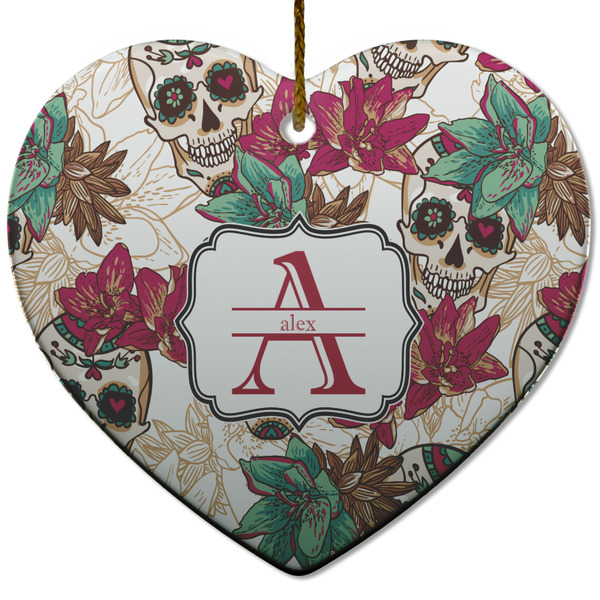 Custom Sugar Skulls & Flowers Heart Ceramic Ornament w/ Name and Initial