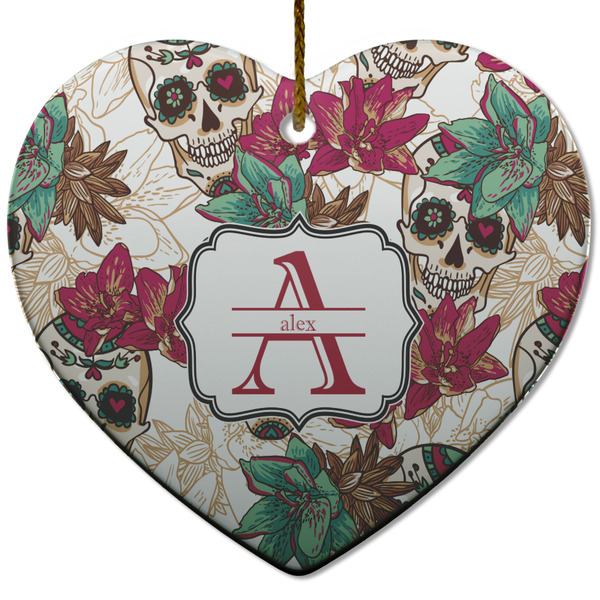 Sugar Skulls & Flowers Ceramic Flat Ornament - Heart (Front)