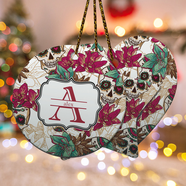 Custom Sugar Skulls & Flowers Ceramic Ornament w/ Name and Initial