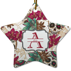 Sugar Skulls & Flowers Star Ceramic Ornament w/ Name and Initial