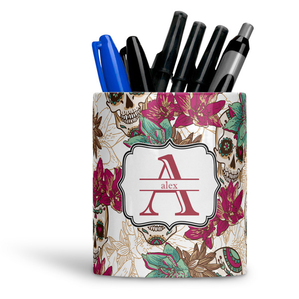 Custom Sugar Skulls & Flowers Ceramic Pen Holder