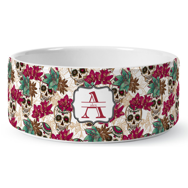 Custom Sugar Skulls & Flowers Ceramic Dog Bowl (Personalized)