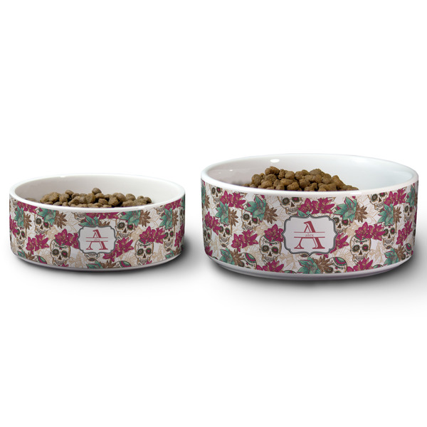Sugar Skulls & Flowers Ceramic Dog Bowls - Size Comparison