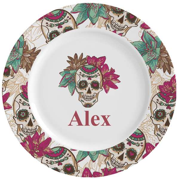 Custom Sugar Skulls & Flowers Ceramic Dinner Plates (Set of 4) (Personalized)