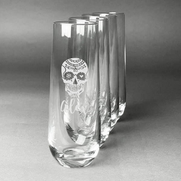 Custom Sugar Skulls & Flowers Champagne Flute - Stemless Engraved - Set of 4 (Personalized)