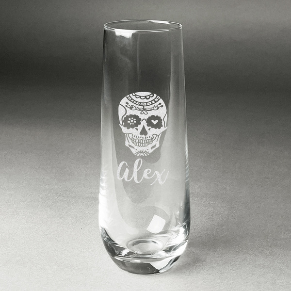 Custom Sugar Skulls & Flowers Champagne Flute - Stemless Engraved - Single (Personalized)