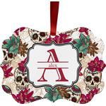 Sugar Skulls & Flowers Metal Frame Ornament - Double Sided w/ Name and Initial