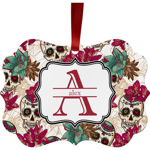 Custom Sugar Skulls & Flowers Metal Frame Ornament - Double Sided w/ Name and Initial