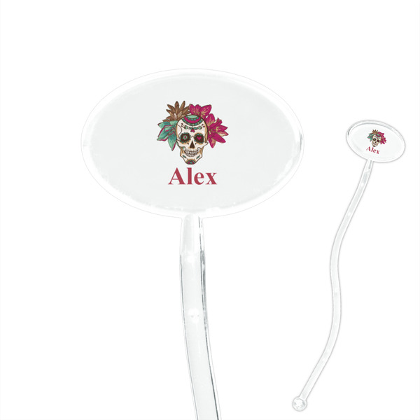 Custom Sugar Skulls & Flowers 7" Oval Plastic Stir Sticks - Clear (Personalized)