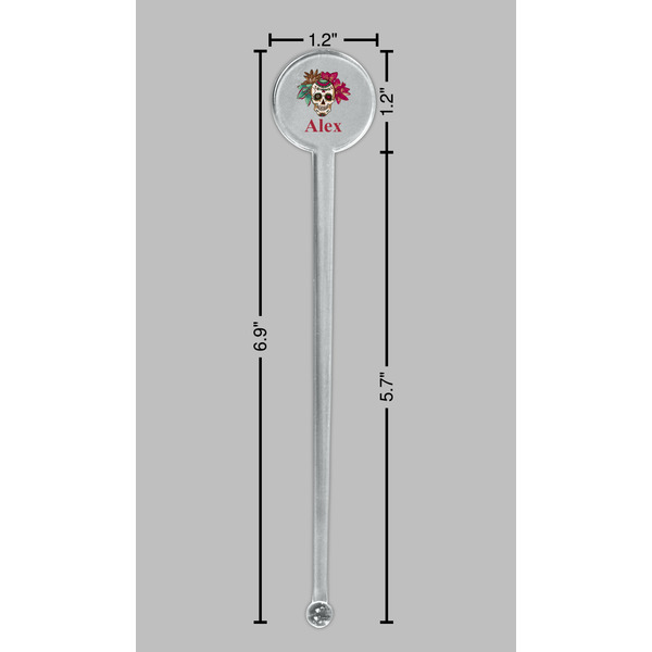 Sugar Skulls & Flowers Clear Plastic 7" Stir Stick - Round - Dimensions