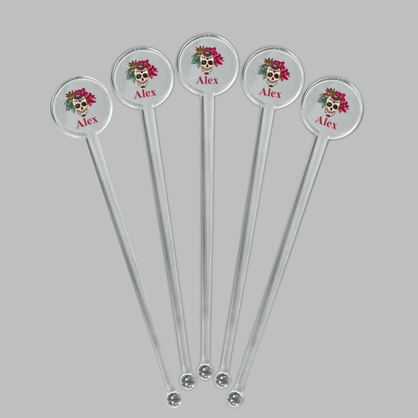Sugar Skulls & Flowers Clear Plastic 7" Stir Stick - Round - Fan View