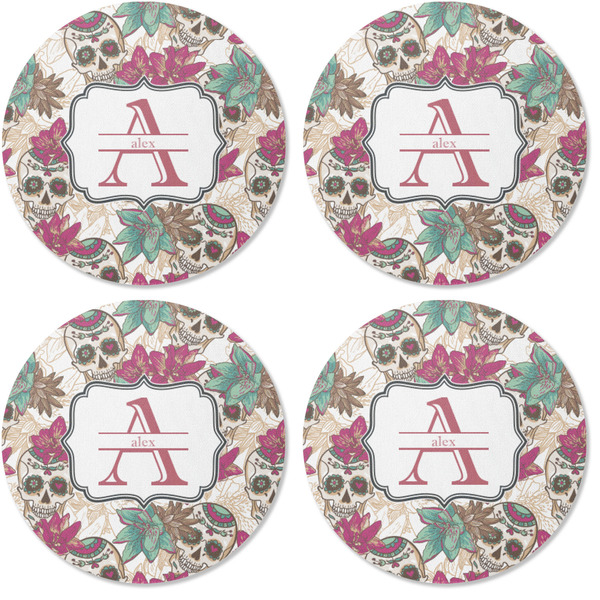 Sugar Skulls & Flowers Coaster Round Rubber Back - Apvl