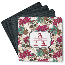 Sugar Skulls & Flowers Square Rubber Backed Coasters - Set of 4 (Personalized)