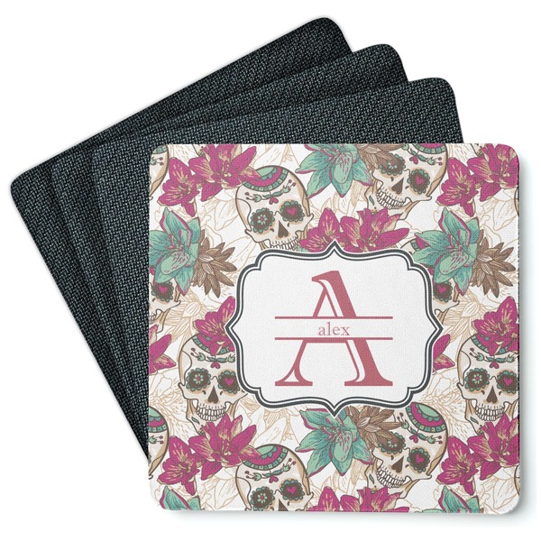 Custom Sugar Skulls & Flowers Square Rubber Backed Coasters - Set of 4 (Personalized)