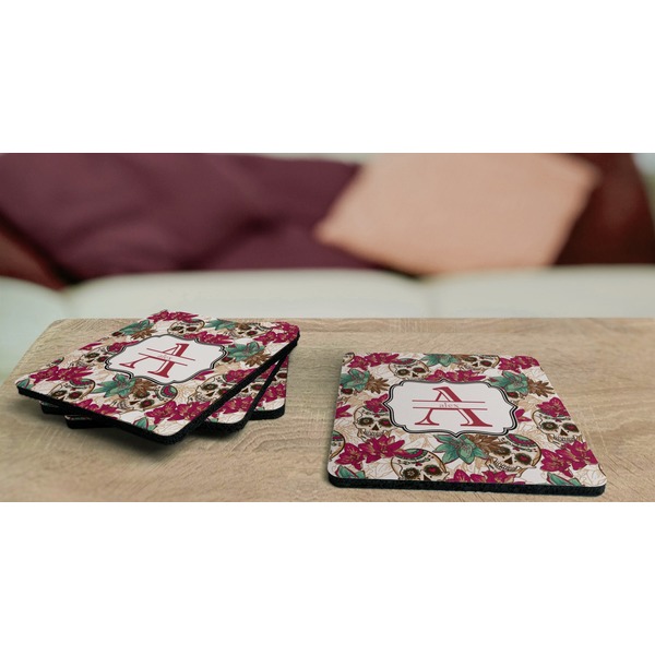 Sugar Skulls & Flowers Coaster Rubber Back - On Coffee Table