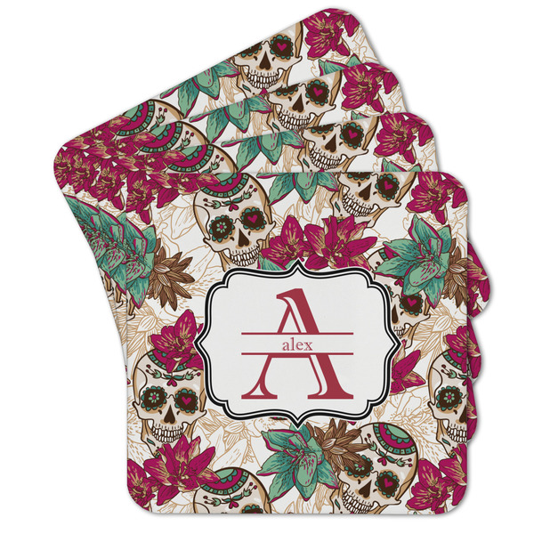 Custom Sugar Skulls & Flowers Cork Coaster - Set of 4 w/ Name and Initial