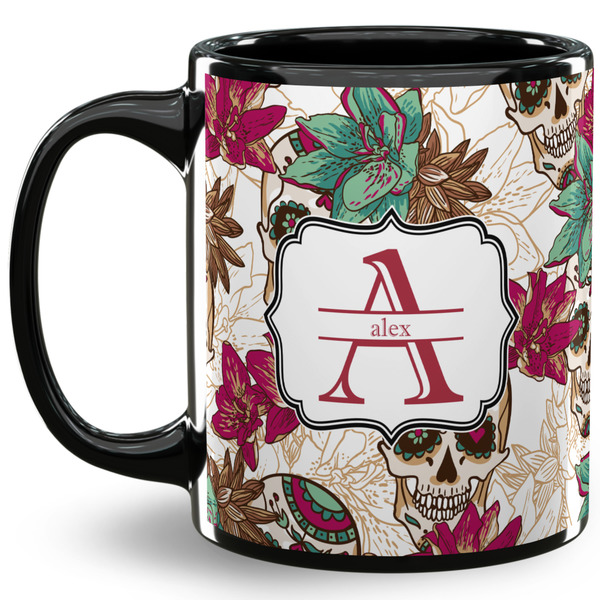 Custom Sugar Skulls & Flowers 11 Oz Coffee Mug - Black (Personalized)