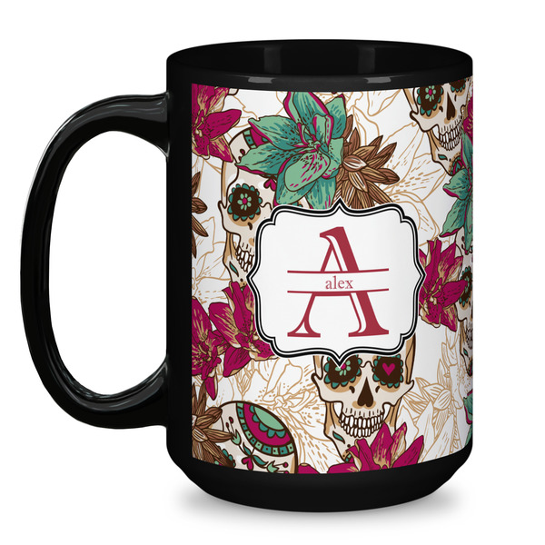 Sugar Skulls & Flowers Coffee Mug - 15 oz - Black