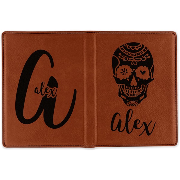 Sugar Skulls & Flowers Cognac Leather Passport Holder Outside Double Sided - Apvl