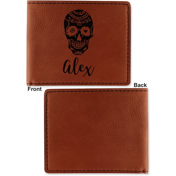 Sugar Skulls & Flowers Cognac Leatherette Bifold Wallets - Front and Back Single Sided - Apvl