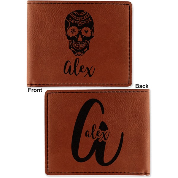 Sugar Skulls & Flowers Cognac Leatherette Bifold Wallets - Front and Back