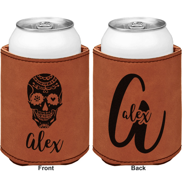 Sugar Skulls & Flowers Cognac Leatherette Can Sleeve - Double Sided Front and Back