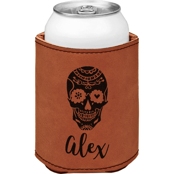 Sugar Skulls & Flowers Cognac Leatherette Can Sleeve - Single Front