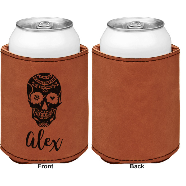 Sugar Skulls & Flowers Cognac Leatherette Can Sleeve - Single Sided Front and Back