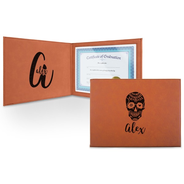 Custom Sugar Skulls & Flowers Leatherette Certificate Holder - Front and Inside (Personalized)