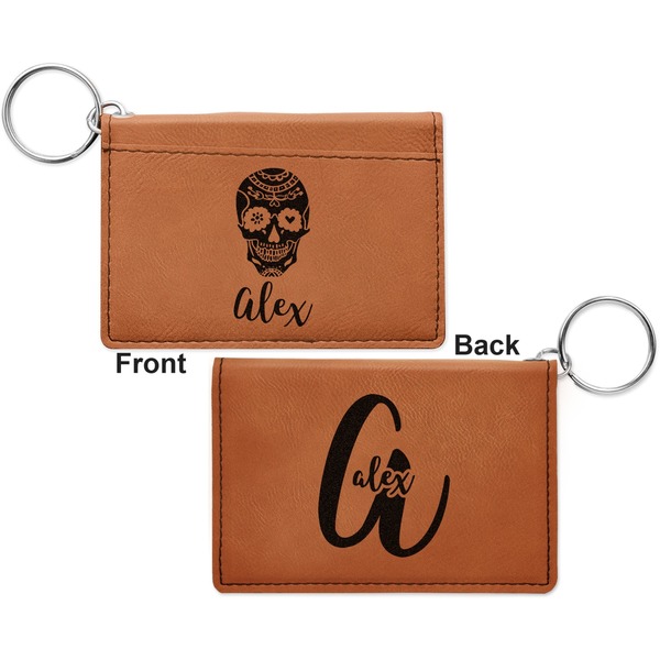 Sugar Skulls & Flowers Cognac Leatherette Keychain ID Holders - Front and Back Apvl