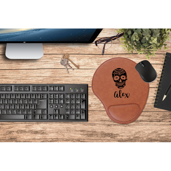 Sugar Skulls & Flowers Cognac Leatherette Mousepad with Wrist Support - Lifestyle Image