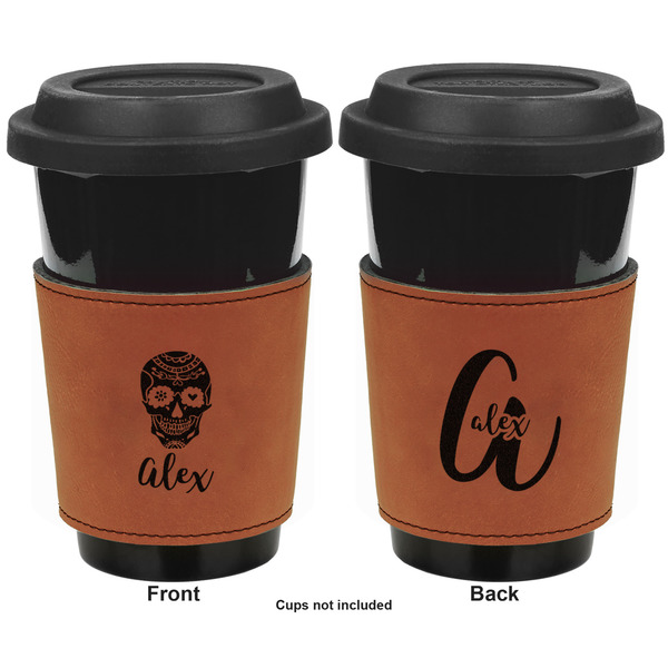 Sugar Skulls & Flowers Cognac Leatherette Mug Sleeve - Double Sided Apvl